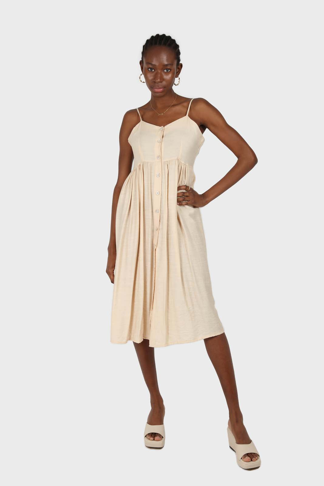 Beige button up thin strap dress_1