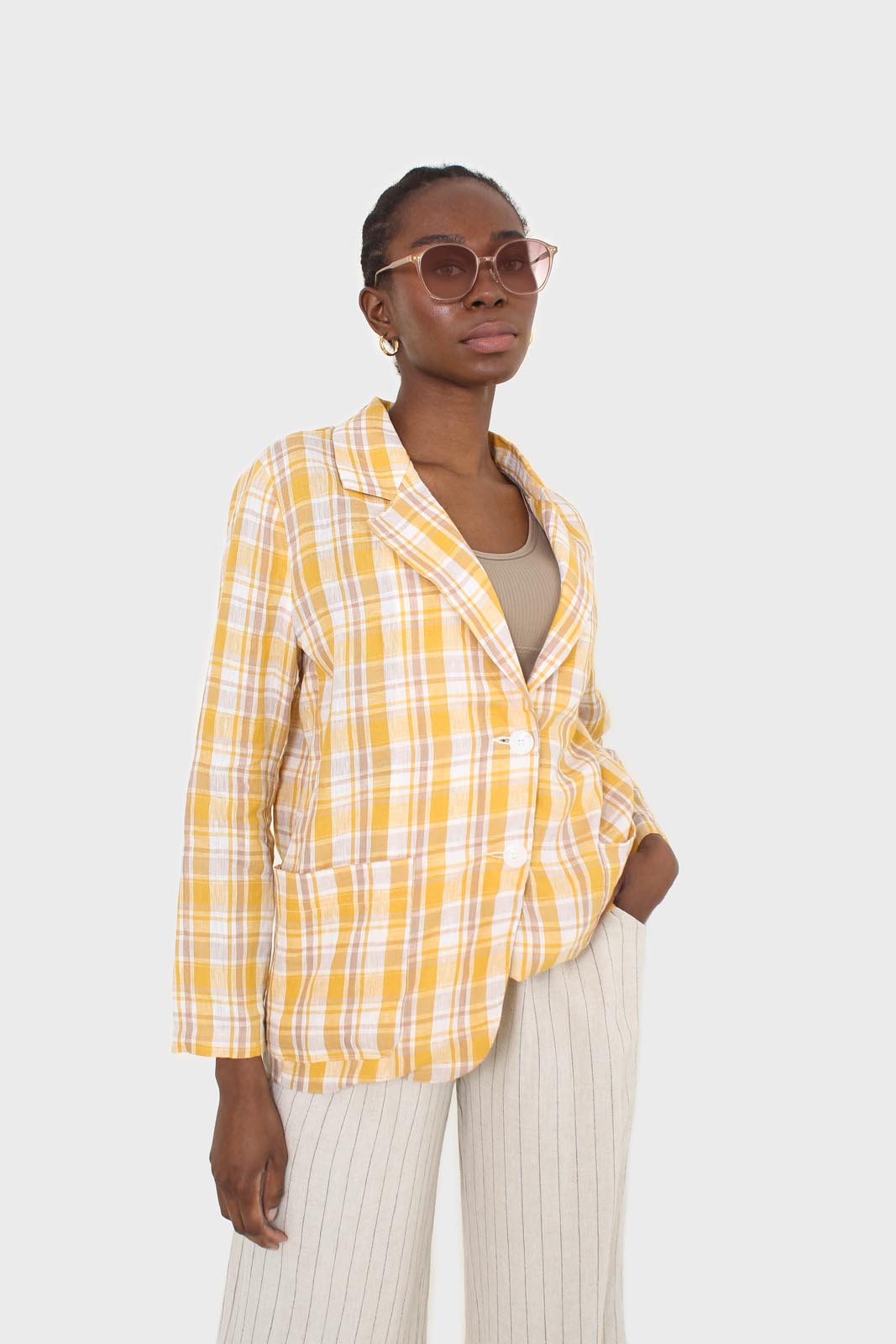 Yellow and brown checked linen blazer_7