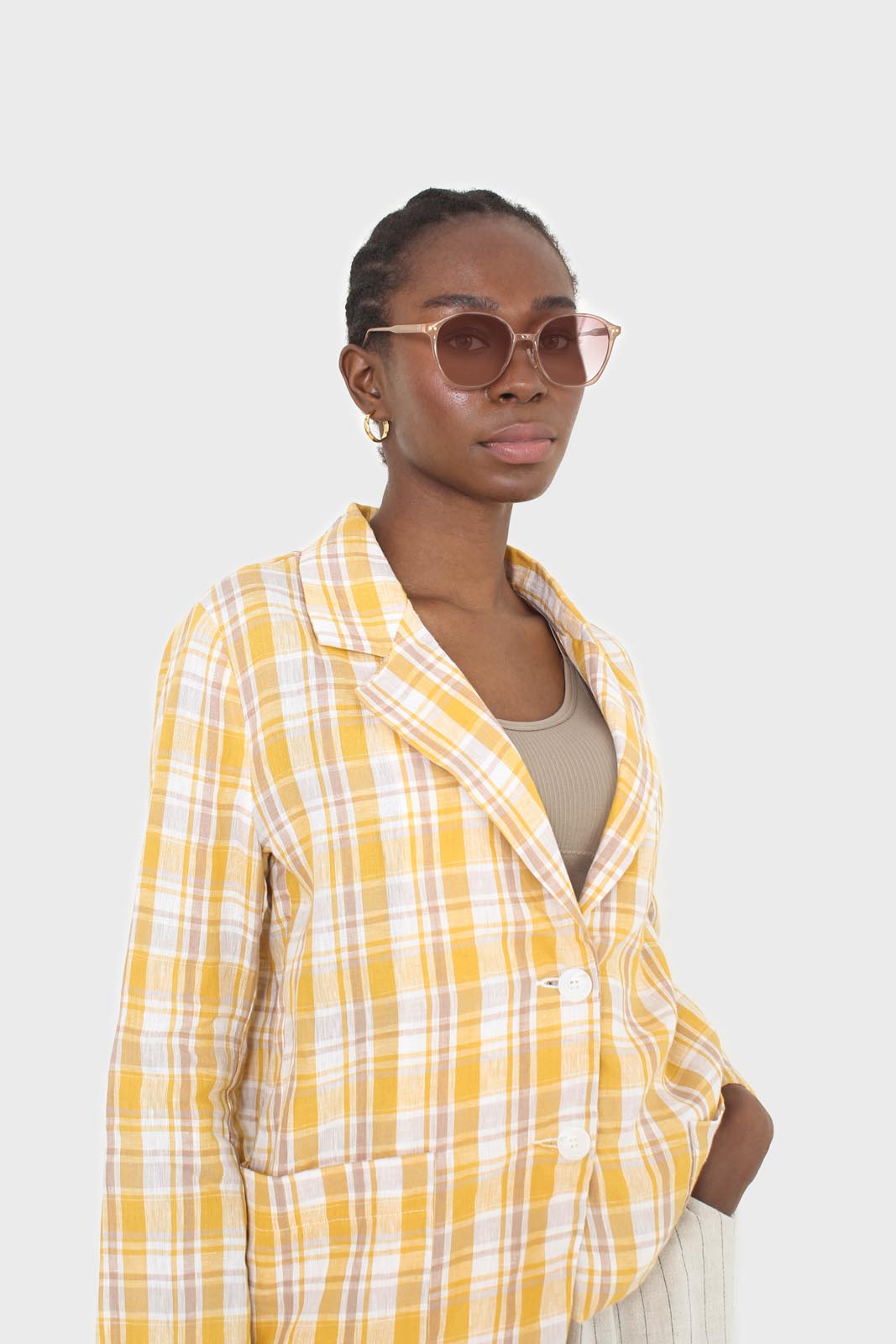 Yellow and brown checked linen blazer_8