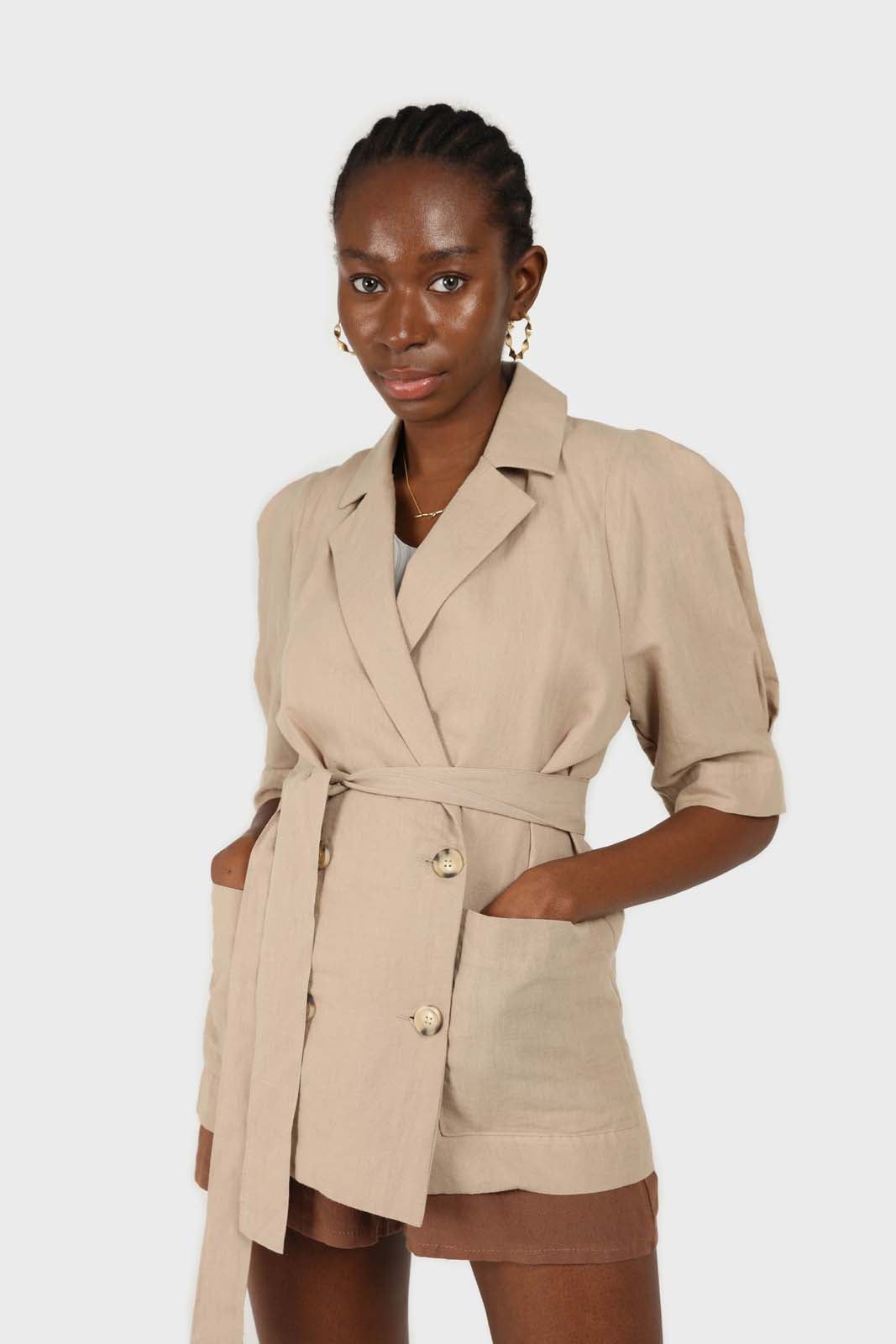 Beige double breasted short sleeved blazer_5