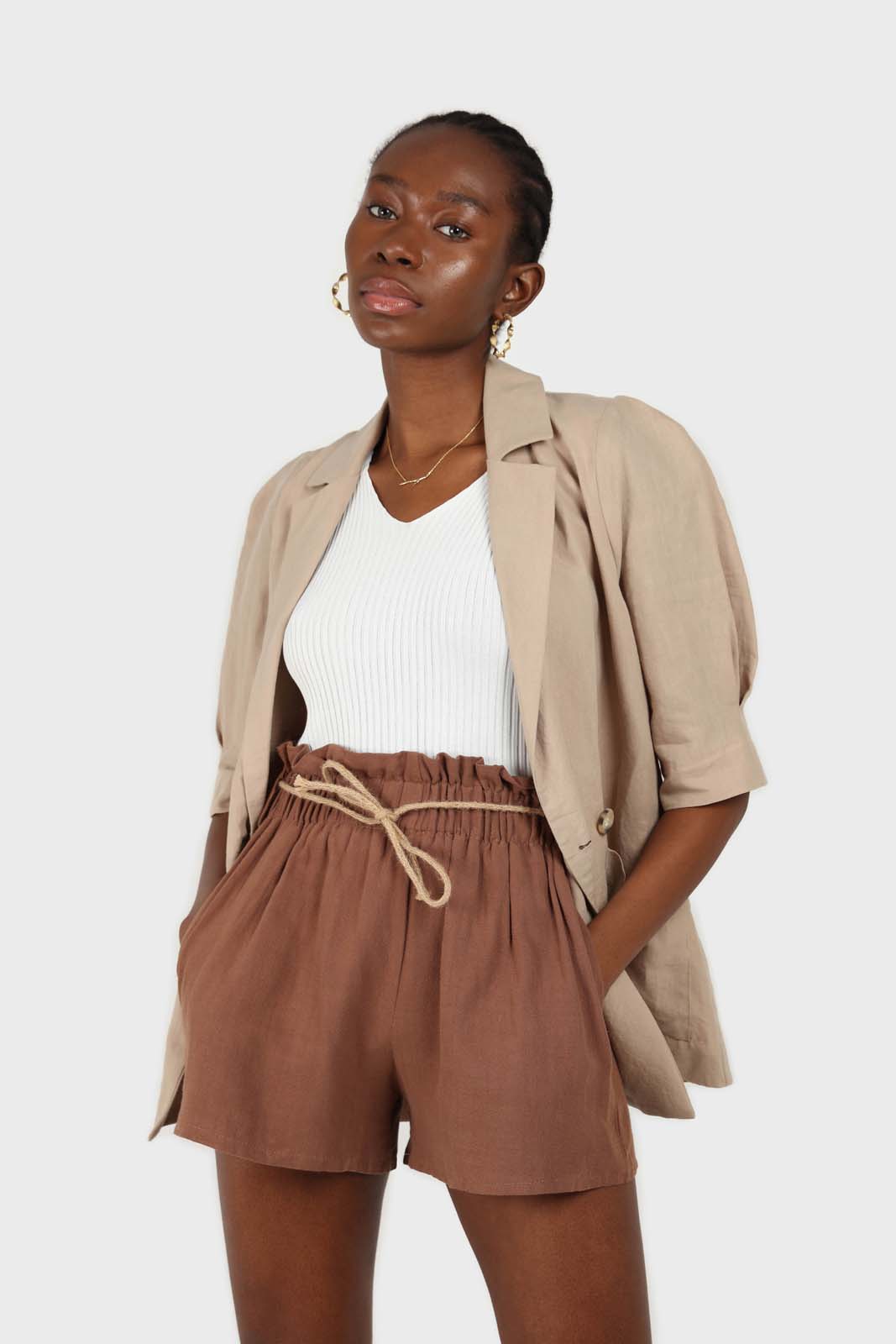 Beige double breasted short sleeved blazer_4