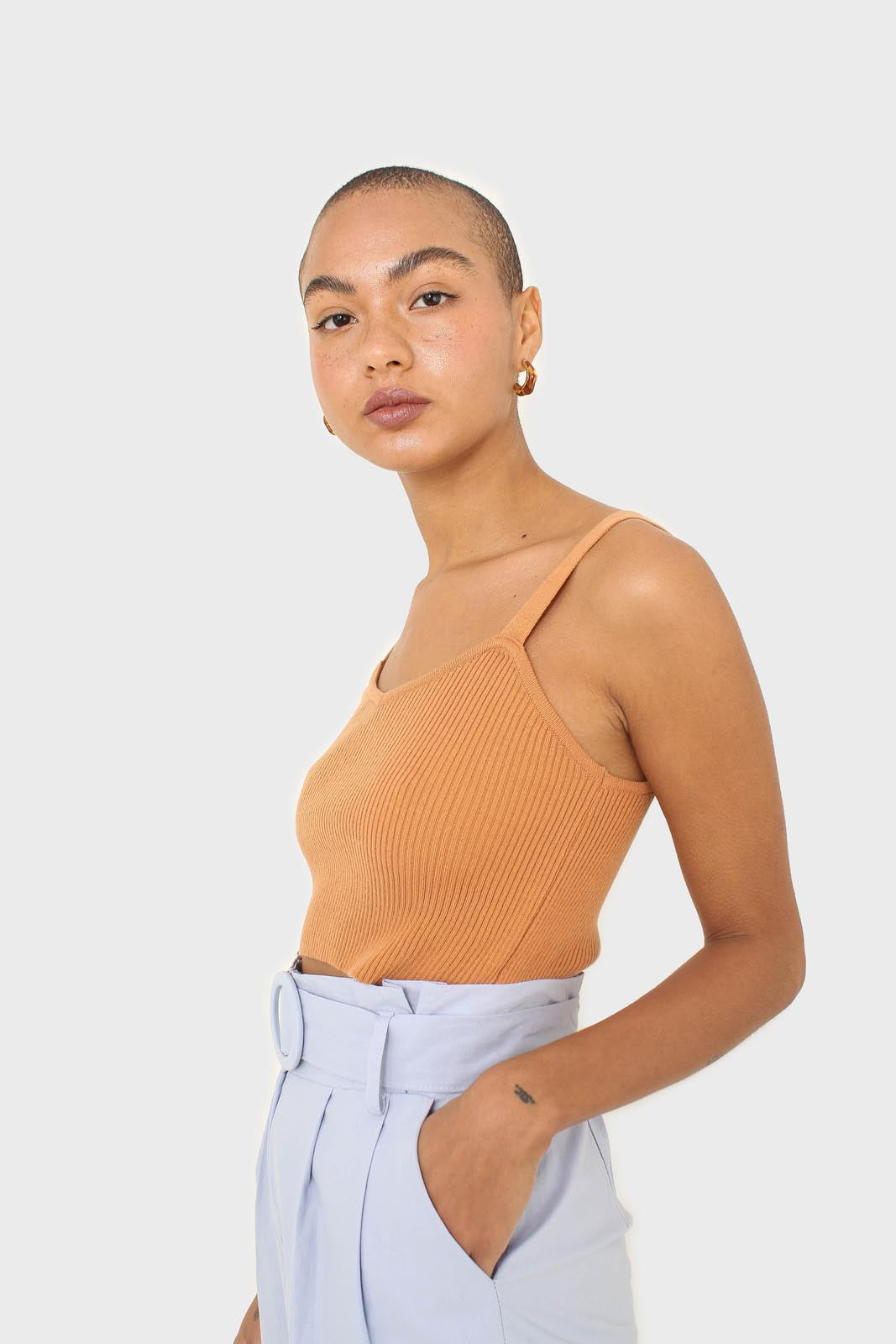 Orange thin strap ribbed knit tank_6