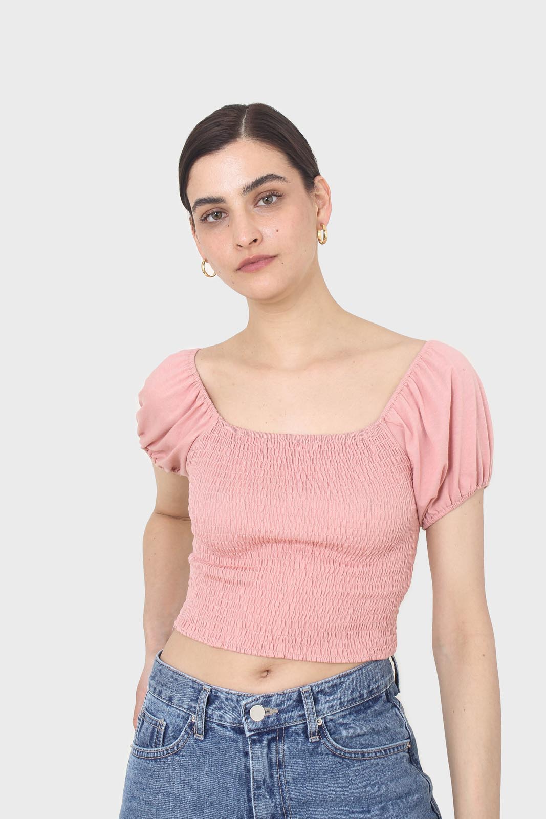 Pink ruched bodice puff sleeved top_1