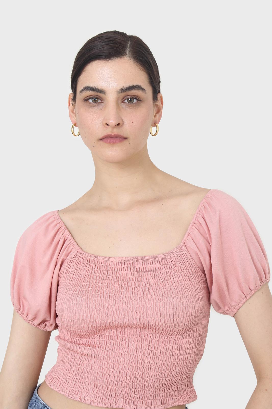 Pink ruched bodice puff sleeved top_4