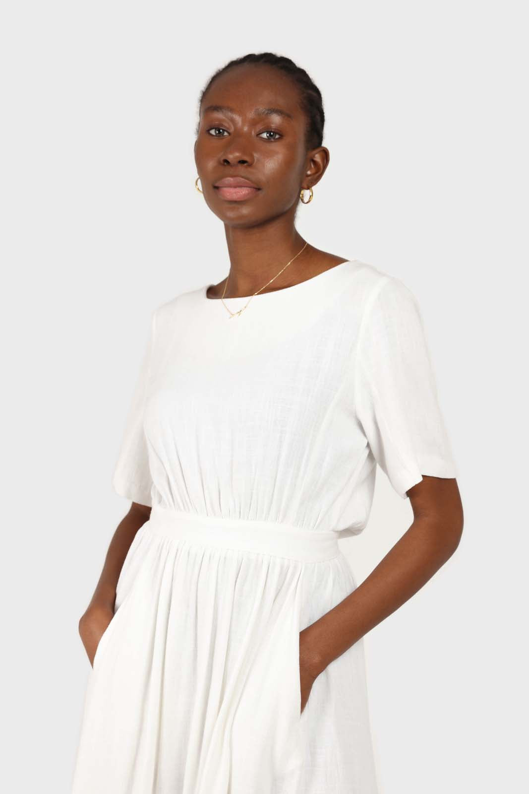 White open back button maxi linen dress_1