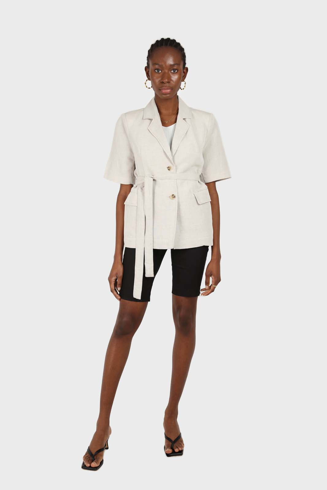 Oatmeal two button belted linen blazer_3