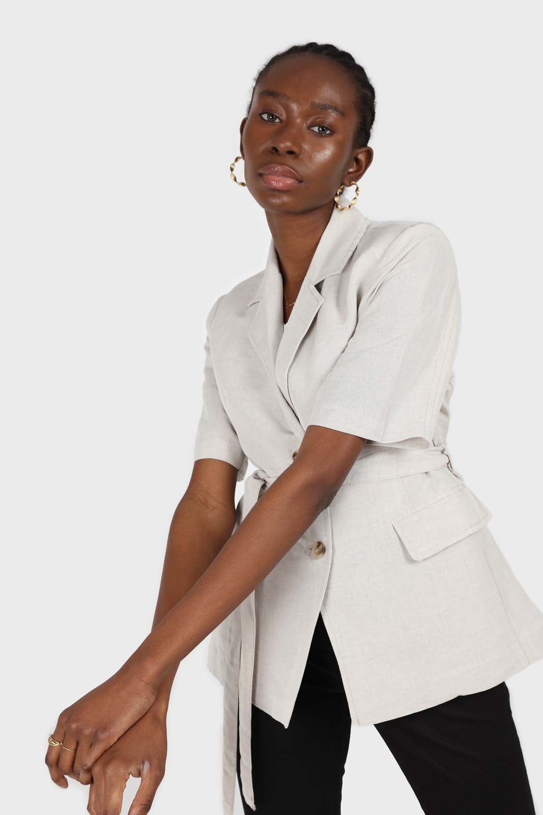 Oatmeal two button belted linen blazer_6