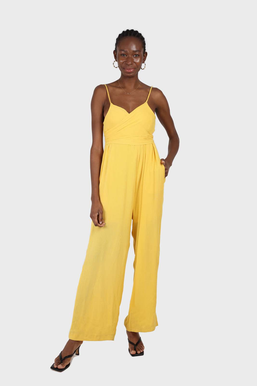 Yellow tie front thin strap jumpsuit_1