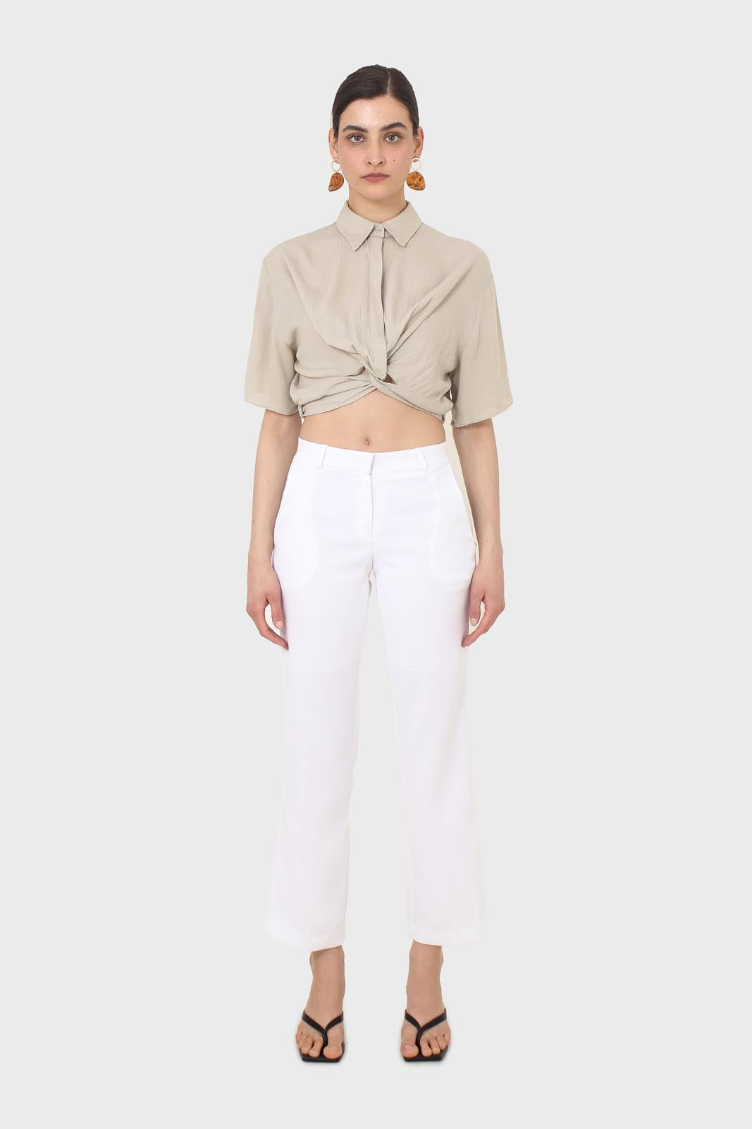 Pale khaki twist front cropped shirt_3