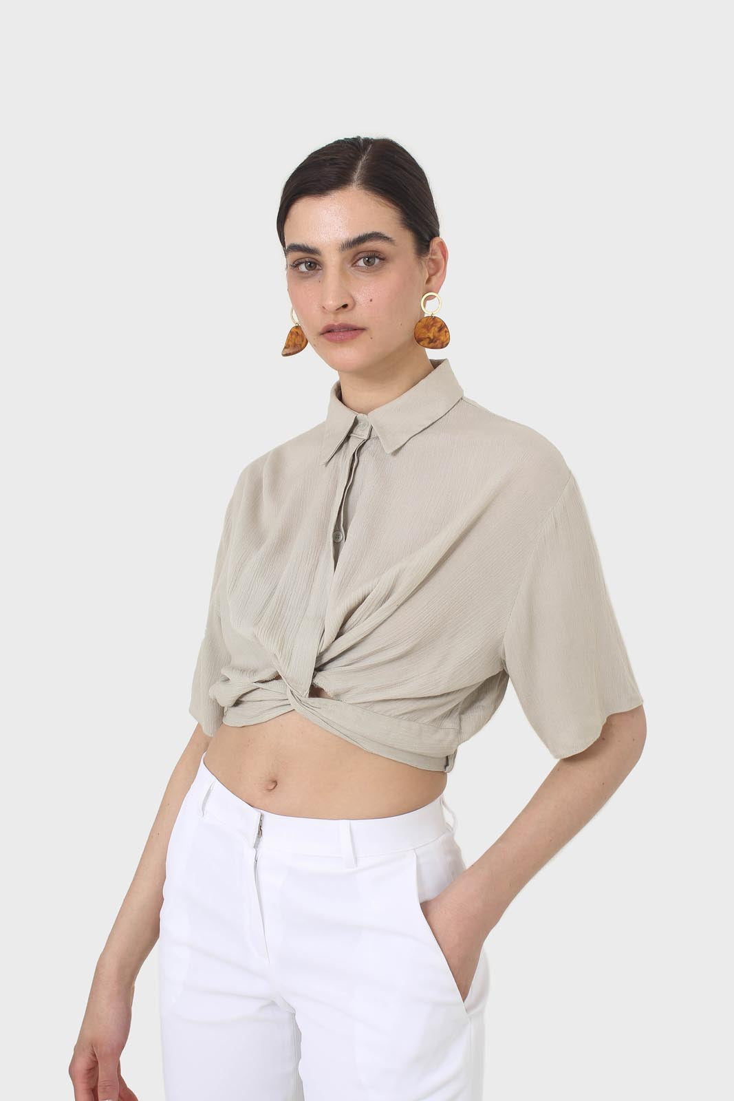 Pale khaki twist front cropped shirt_1