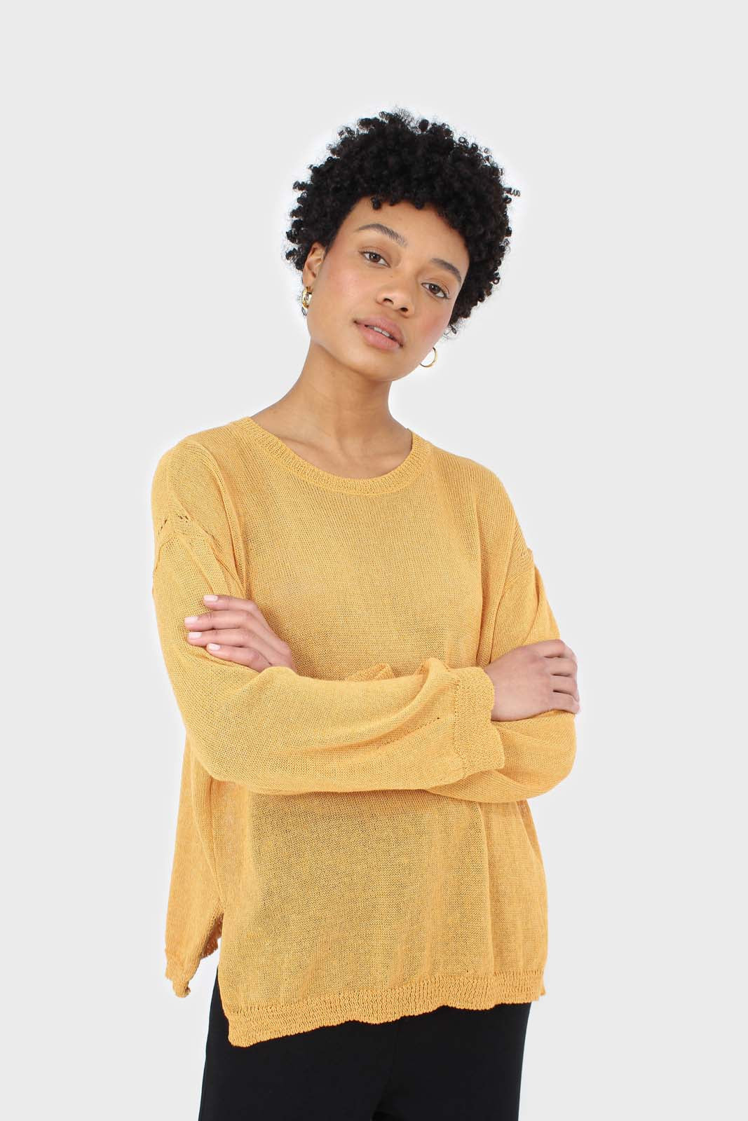 Mustard crew neck sheer knit jumper_1