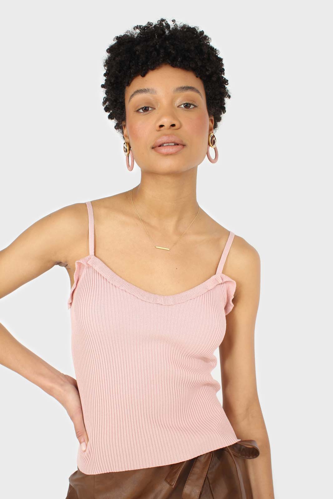 Pink ruffle trim thin strap knit tank_6