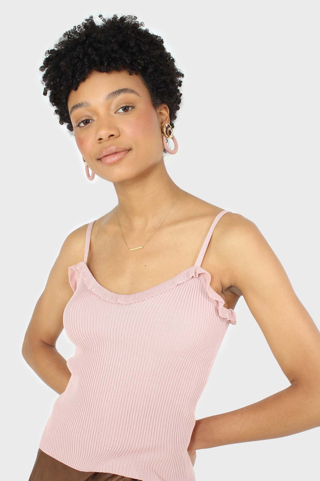 Pink ruffle trim thin strap knit tank_5