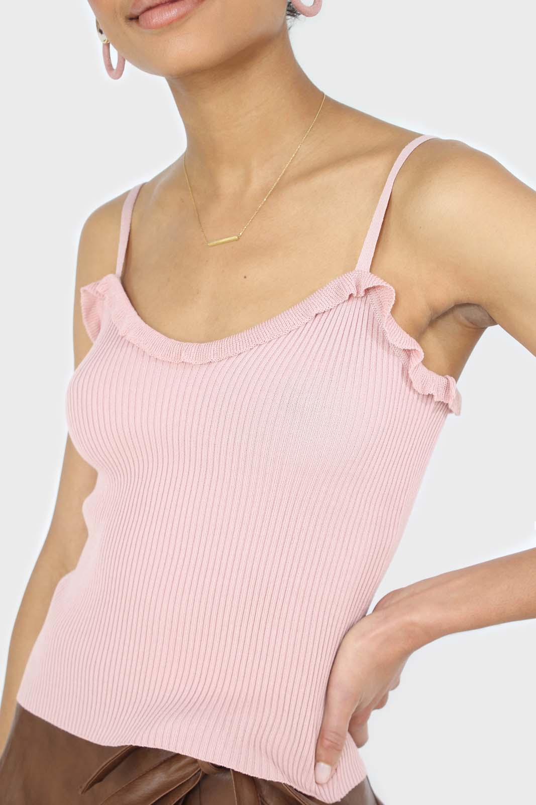 Pink ruffle trim thin strap knit tank_7
