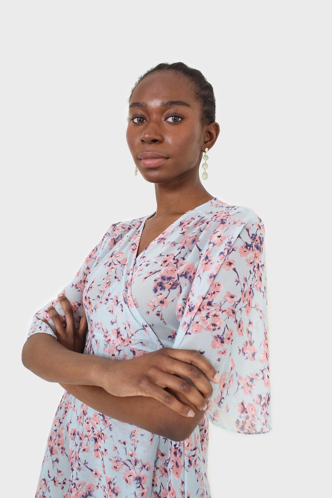 Blue and pink floral belted robe maxi dress_8