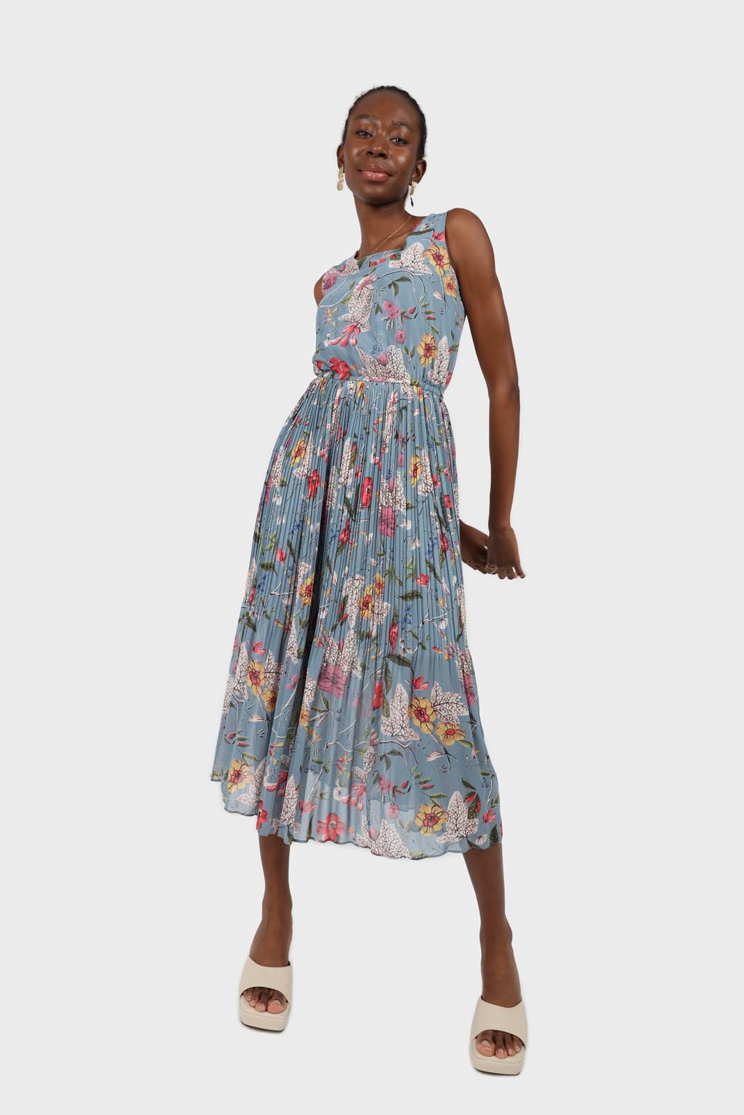 Dusty blue bright floral silky micro pleat maxi dress_1