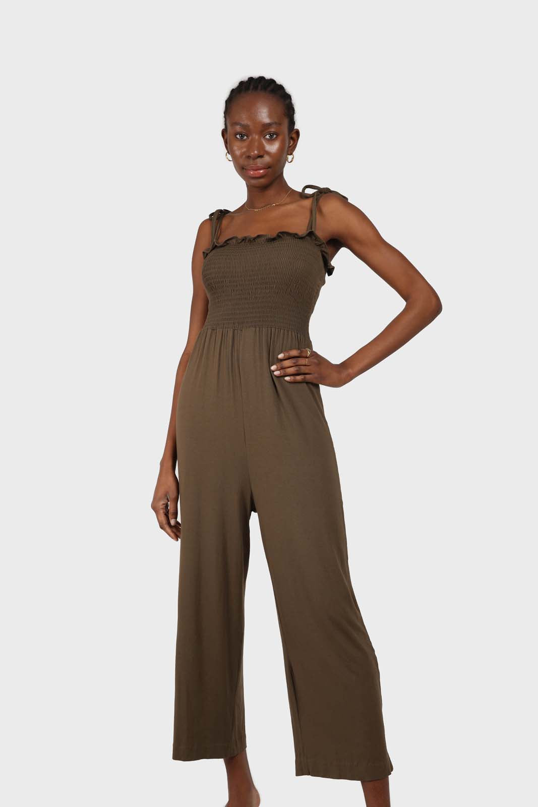 Khaki ruched bodice tie strap jumpsuit_2