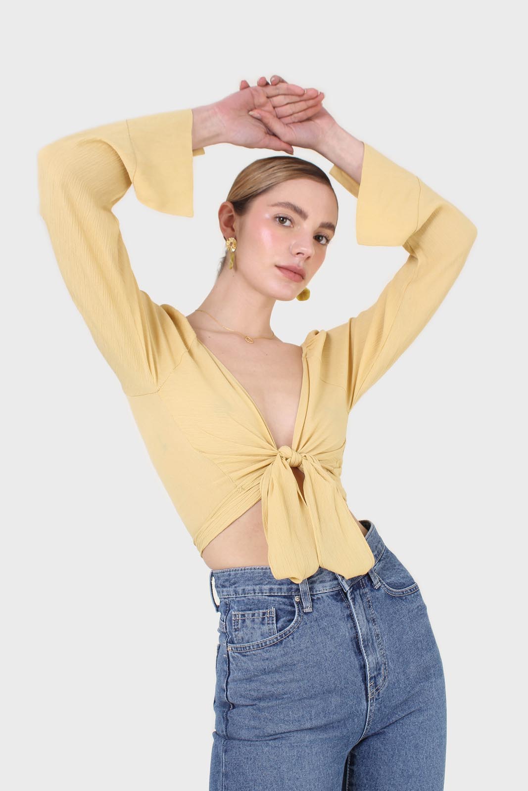 Yellow tie waist open front blouse_9