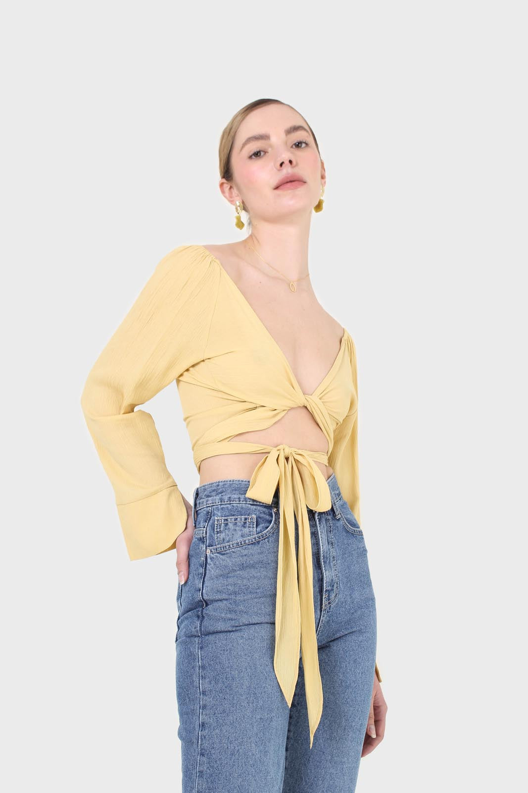 Yellow tie waist open front blouse_6