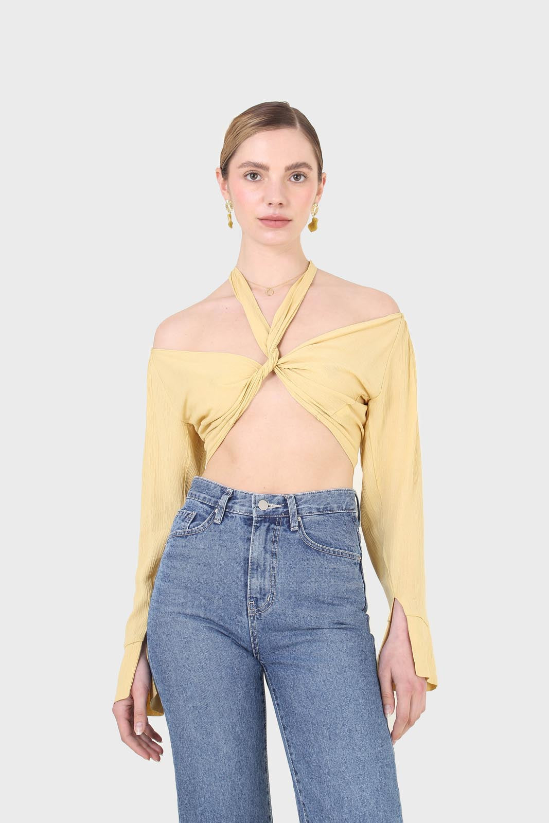 Yellow tie waist open front blouse_7