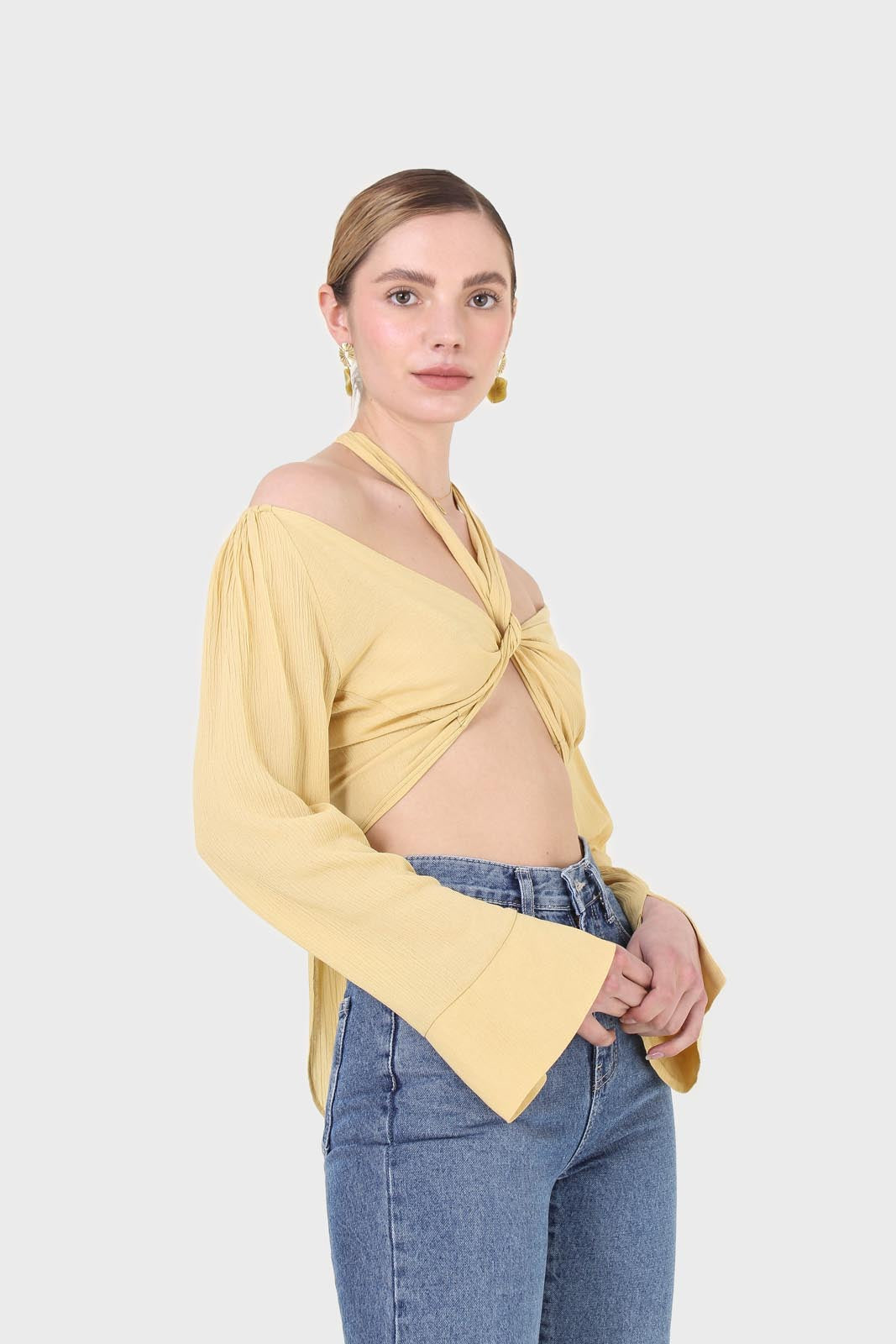 Yellow tie waist open front blouse_1