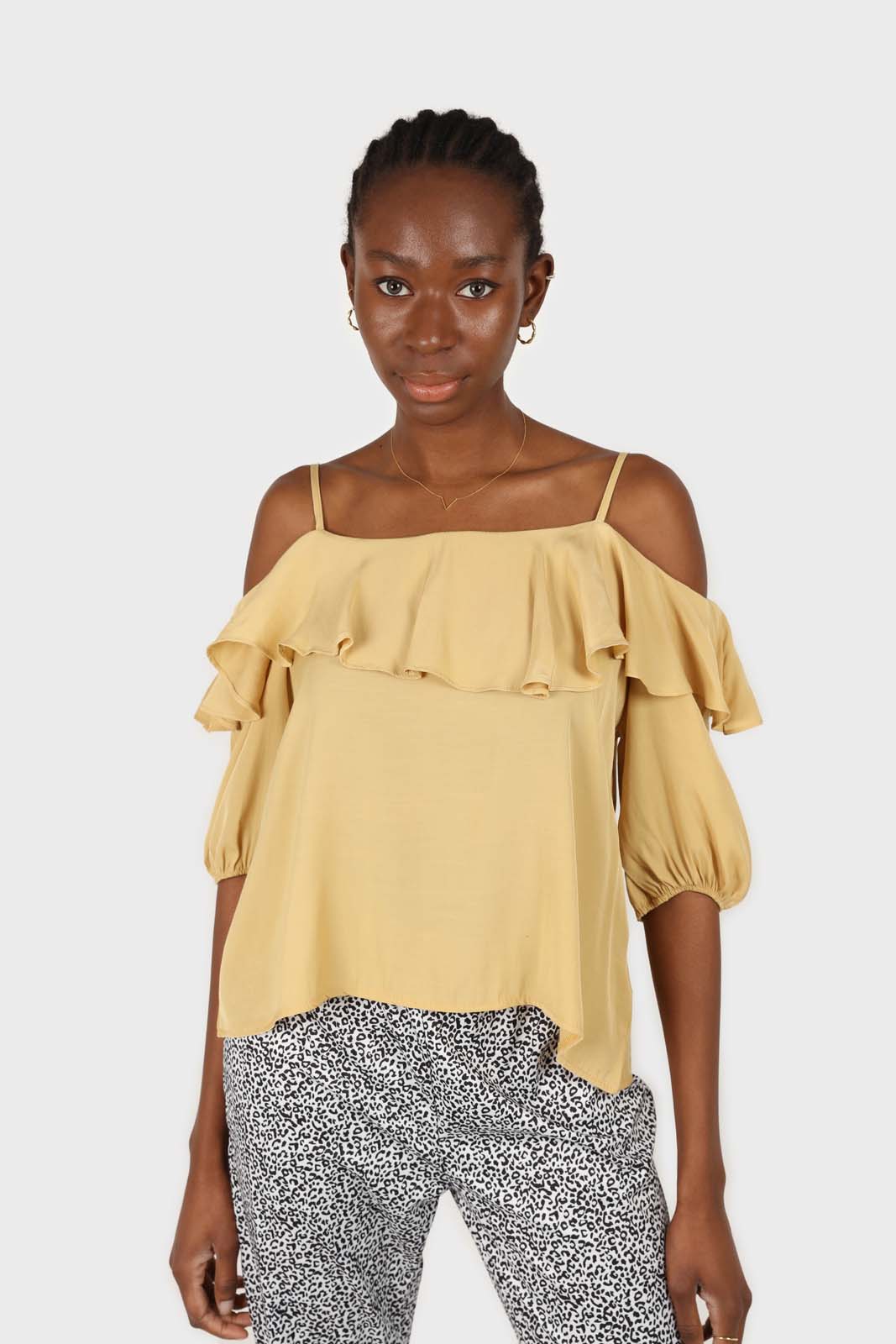 Yellow thin strap ruffle top_2