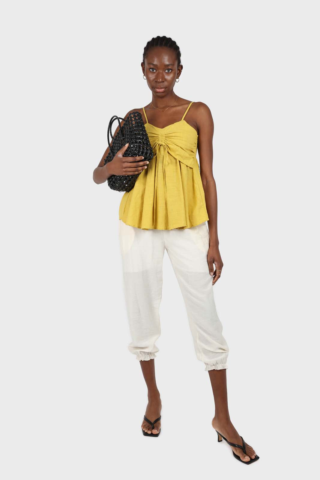 Ivory ruched hem loose fit silky trousers_1