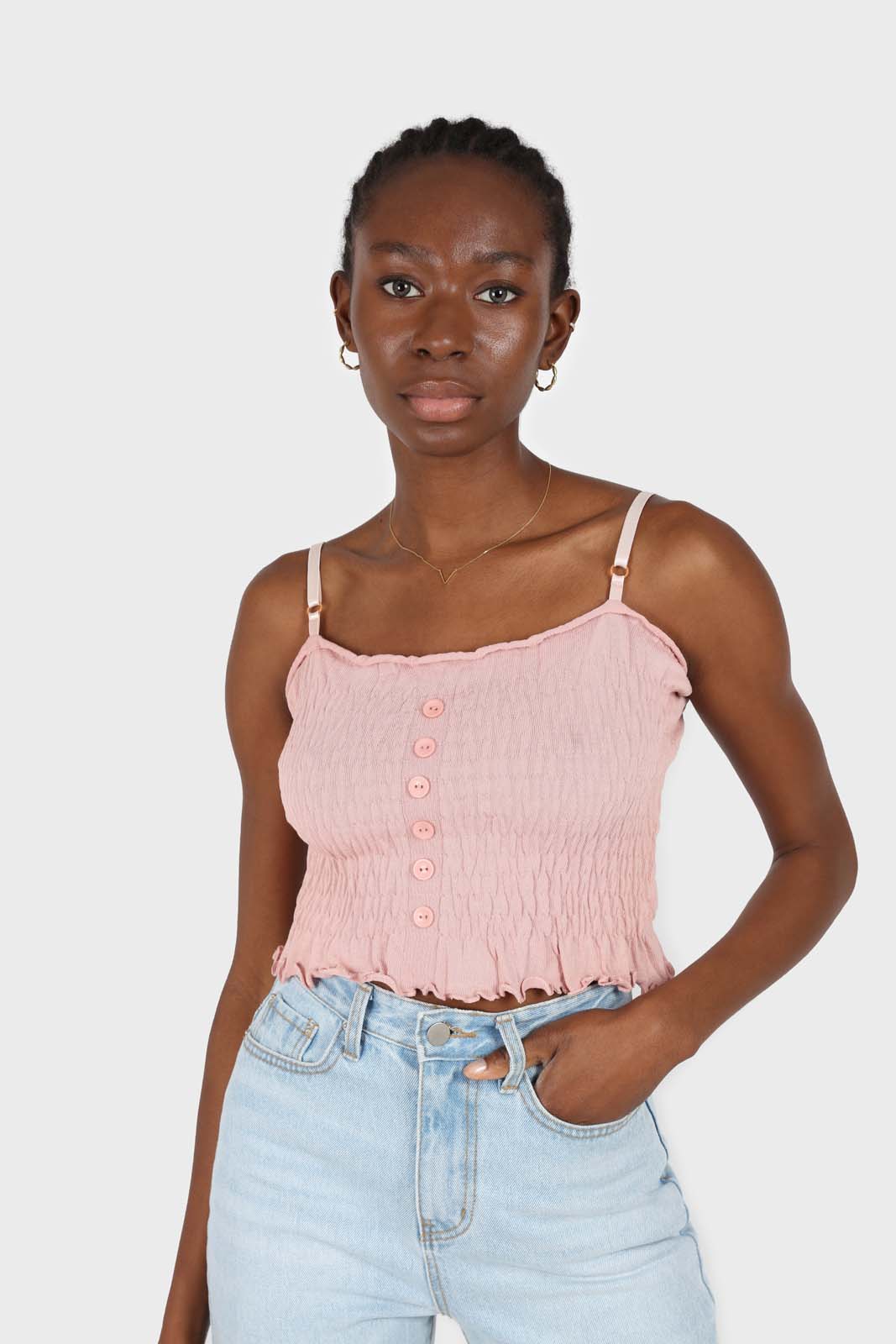 Pale pink button front ruched bodice tank_1