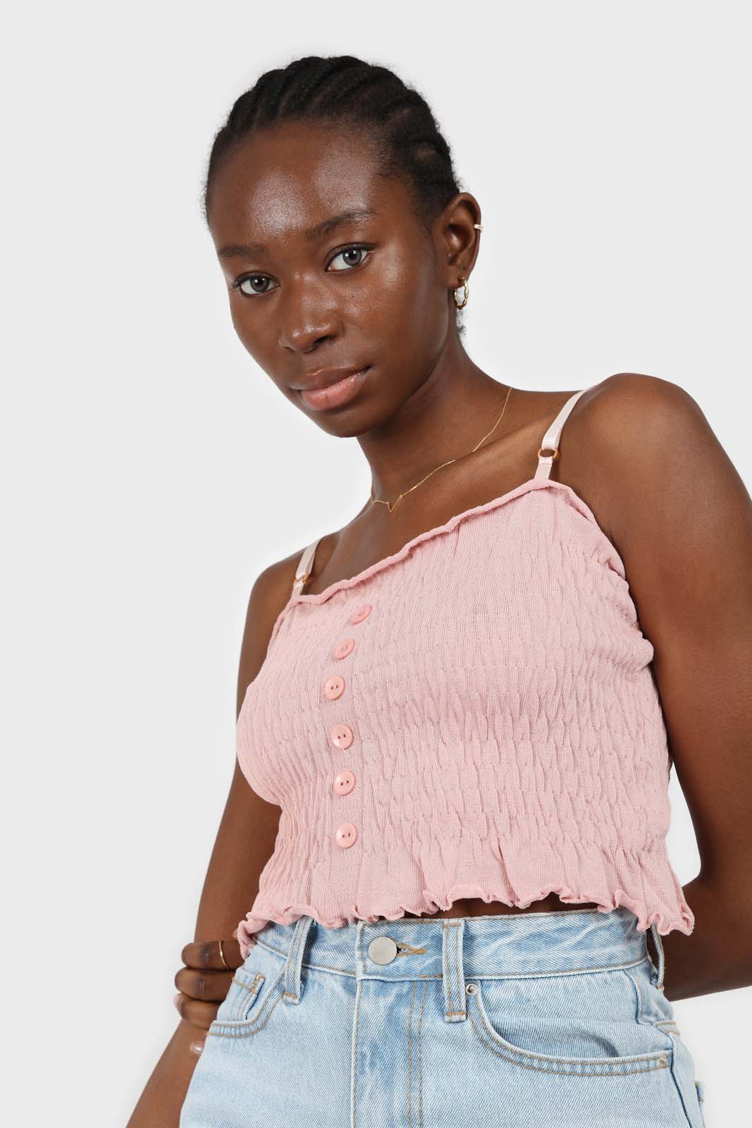 Pale pink button front ruched bodice tank_2