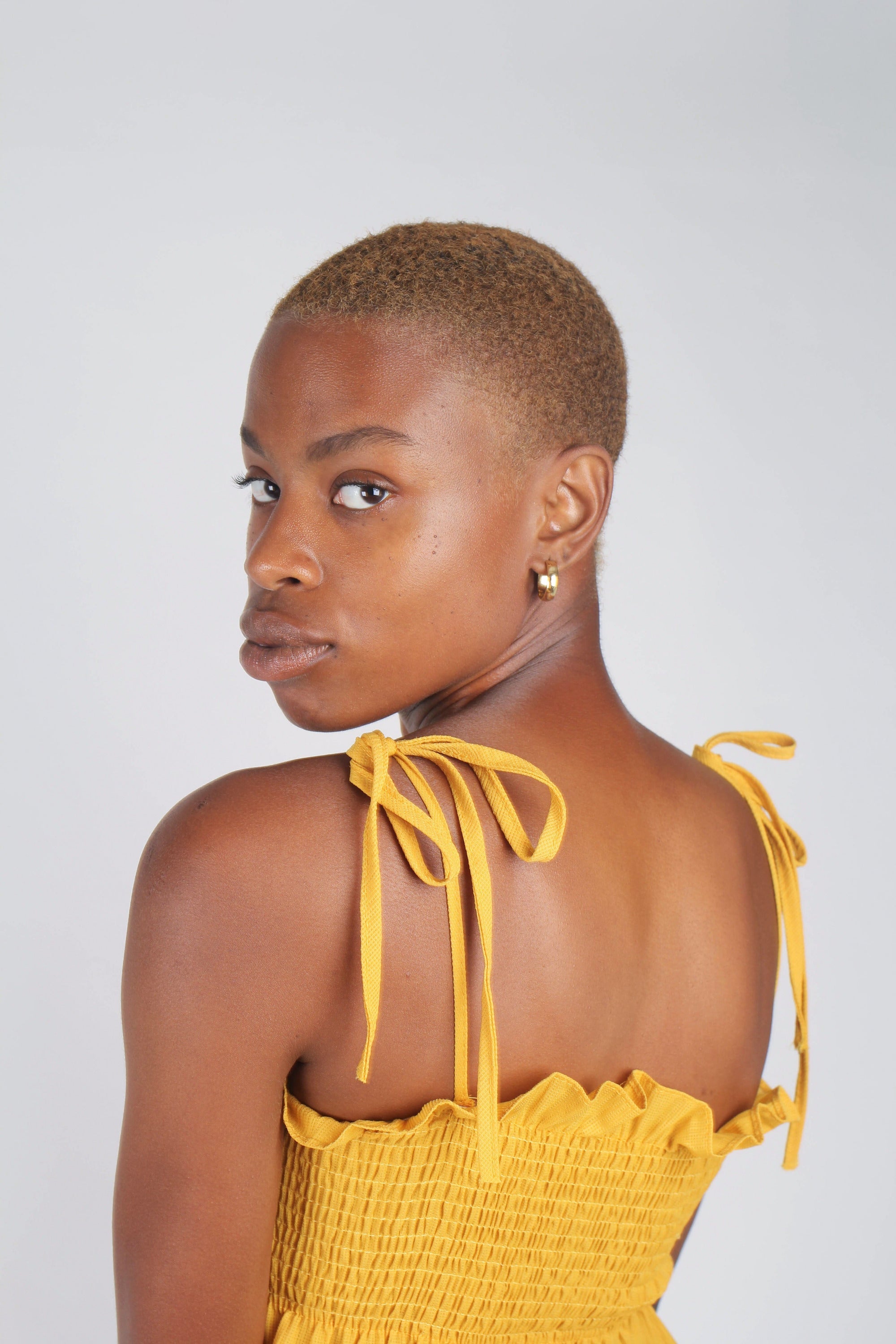 Yellow ruched fit and flare tie shoulder tank_2