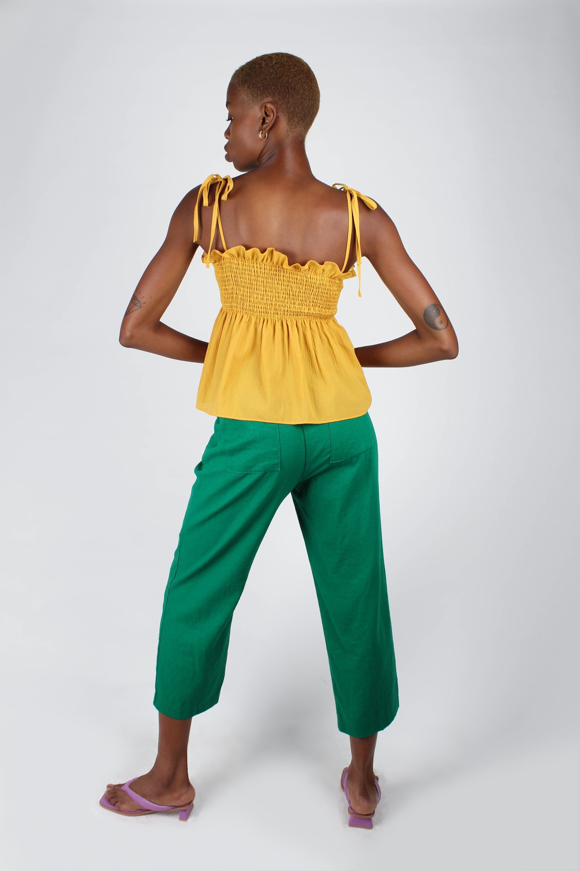Yellow ruched fit and flare tie shoulder tank_5