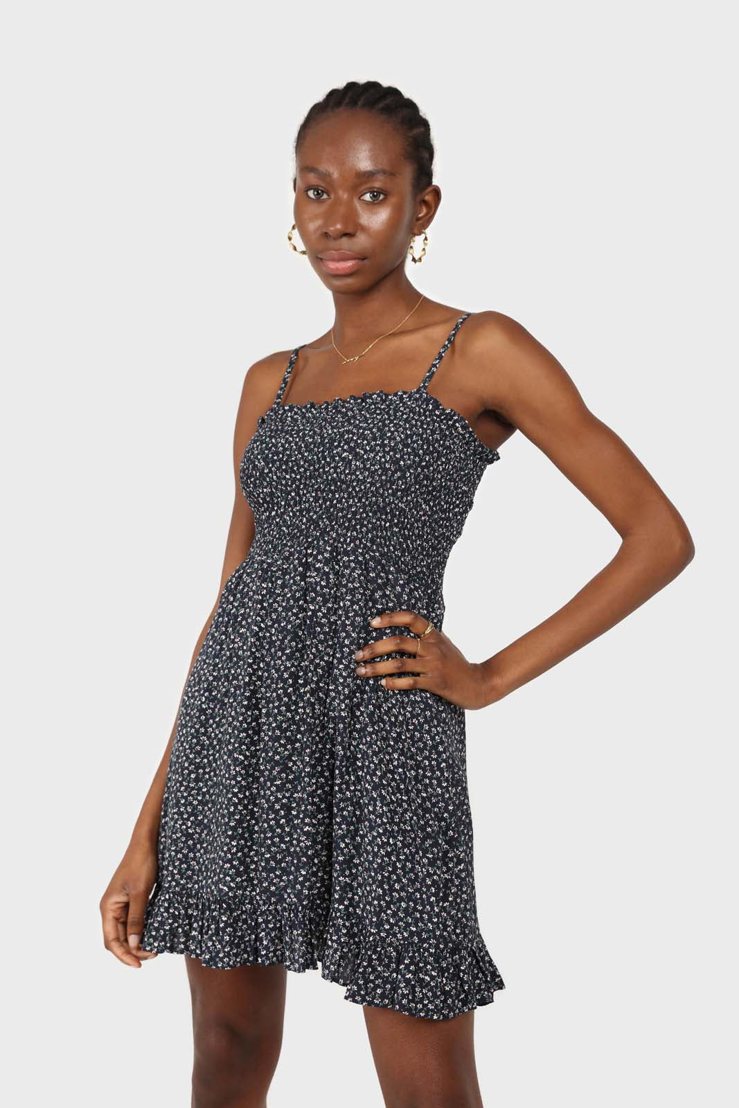 Navy and white floral ruched bodice mini dress_1