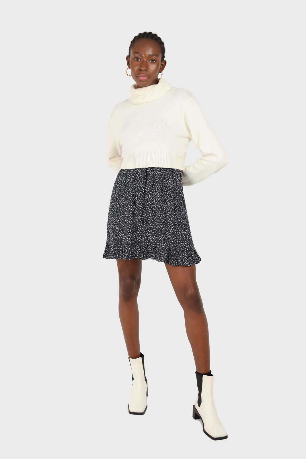 Navy and white floral ruched bodice mini dress_5