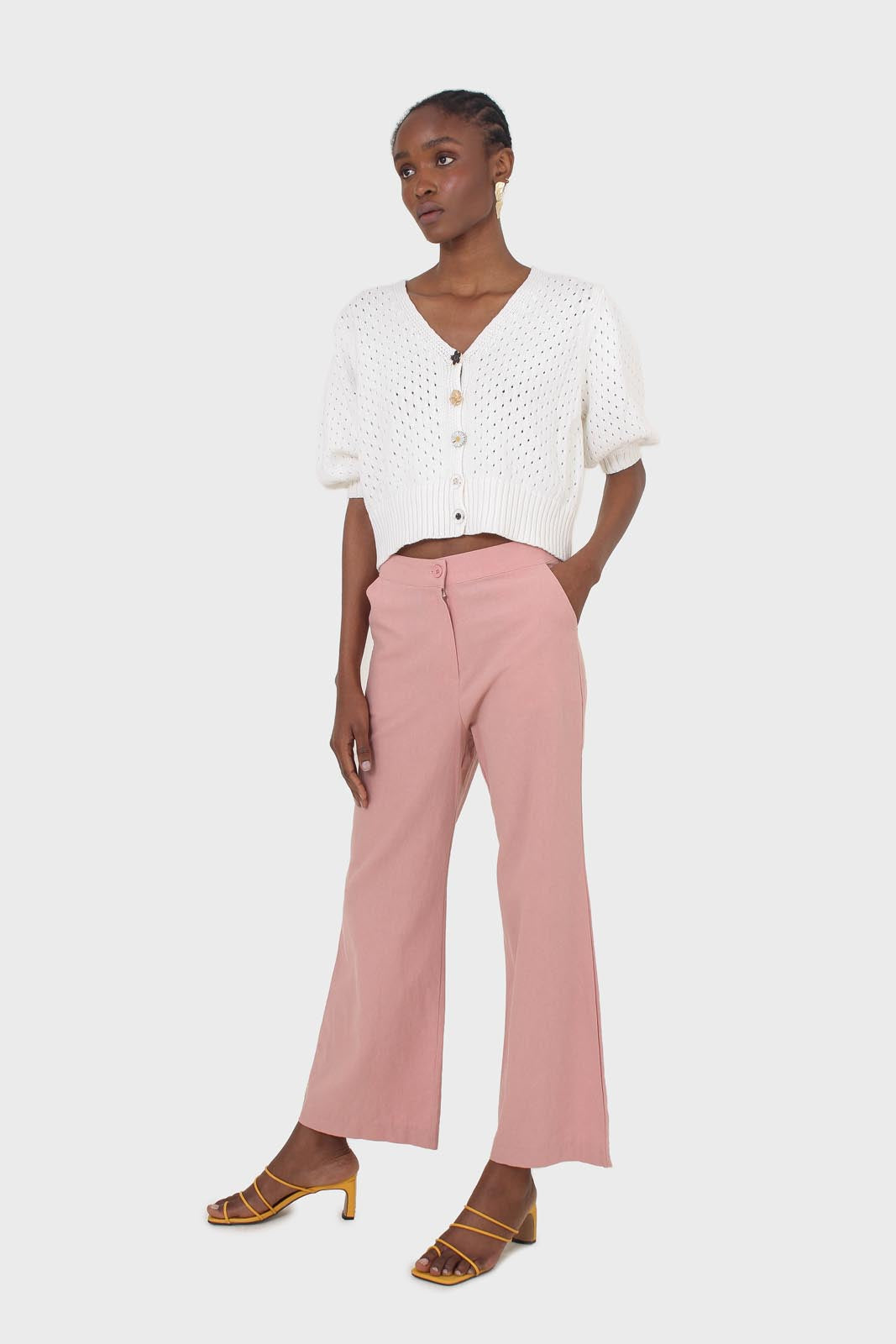 Dusty pink linen boot cut trousers_3