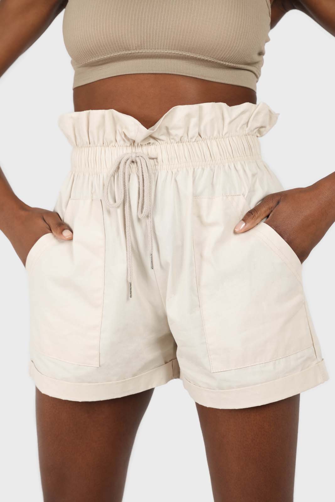 Beige drawstring wide fit shorts_1