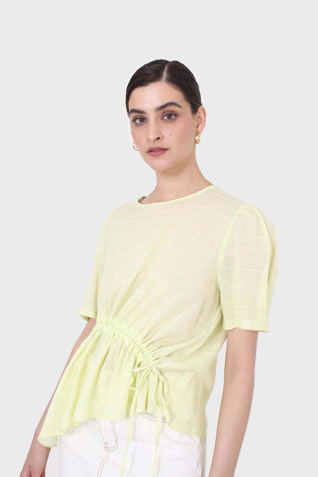 Pale yellow pull string linen top_7