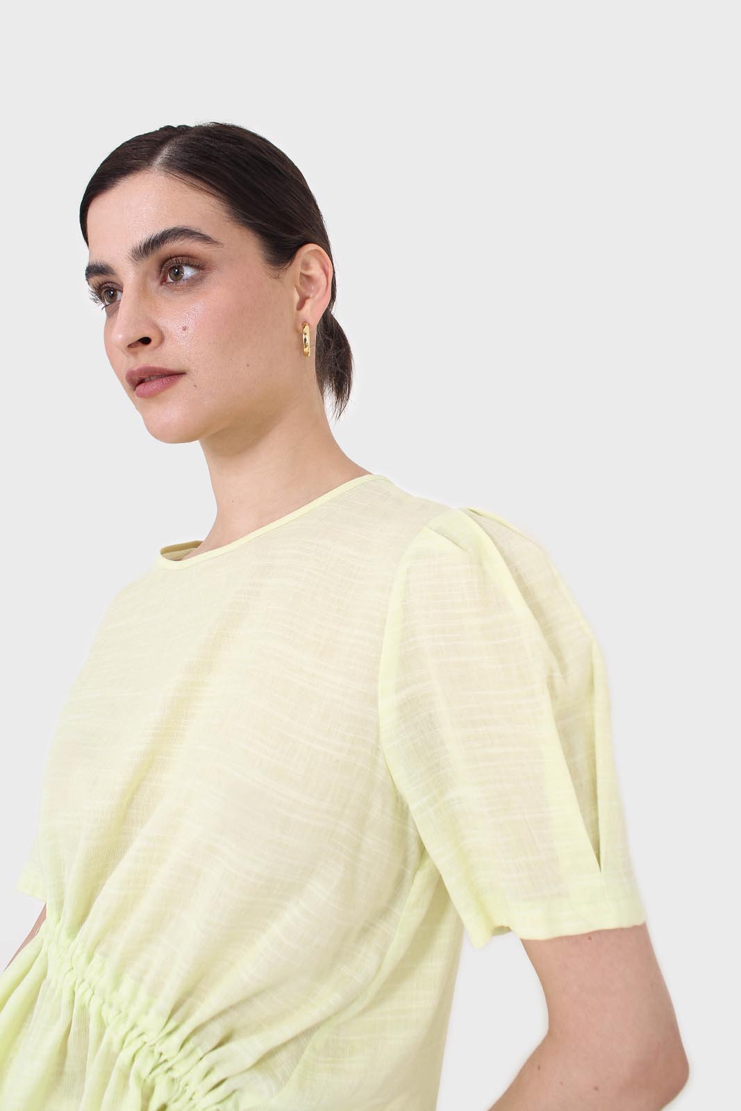 Pale yellow pull string linen top_8