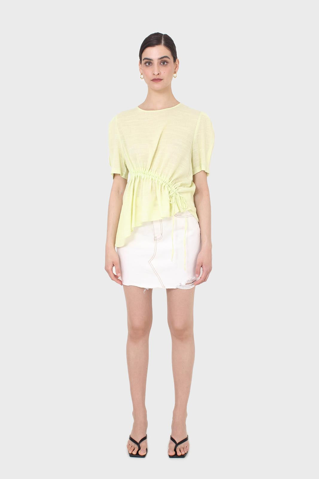 Pale yellow pull string linen top_3