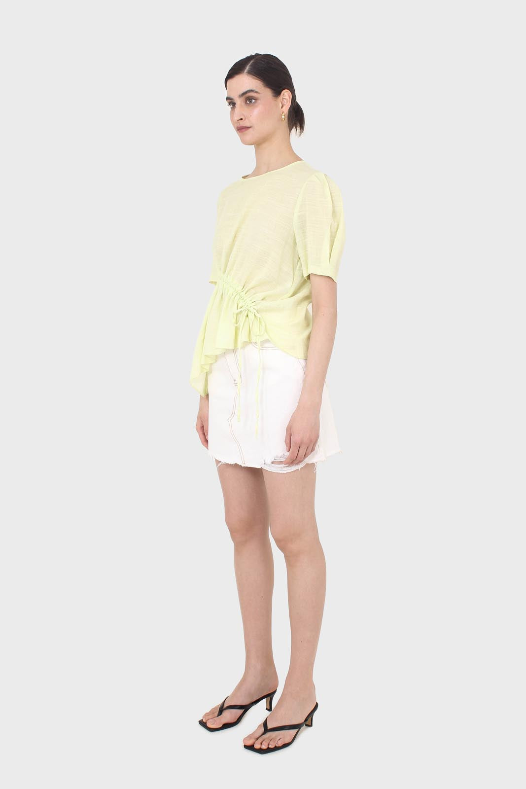 Pale yellow pull string linen top_4