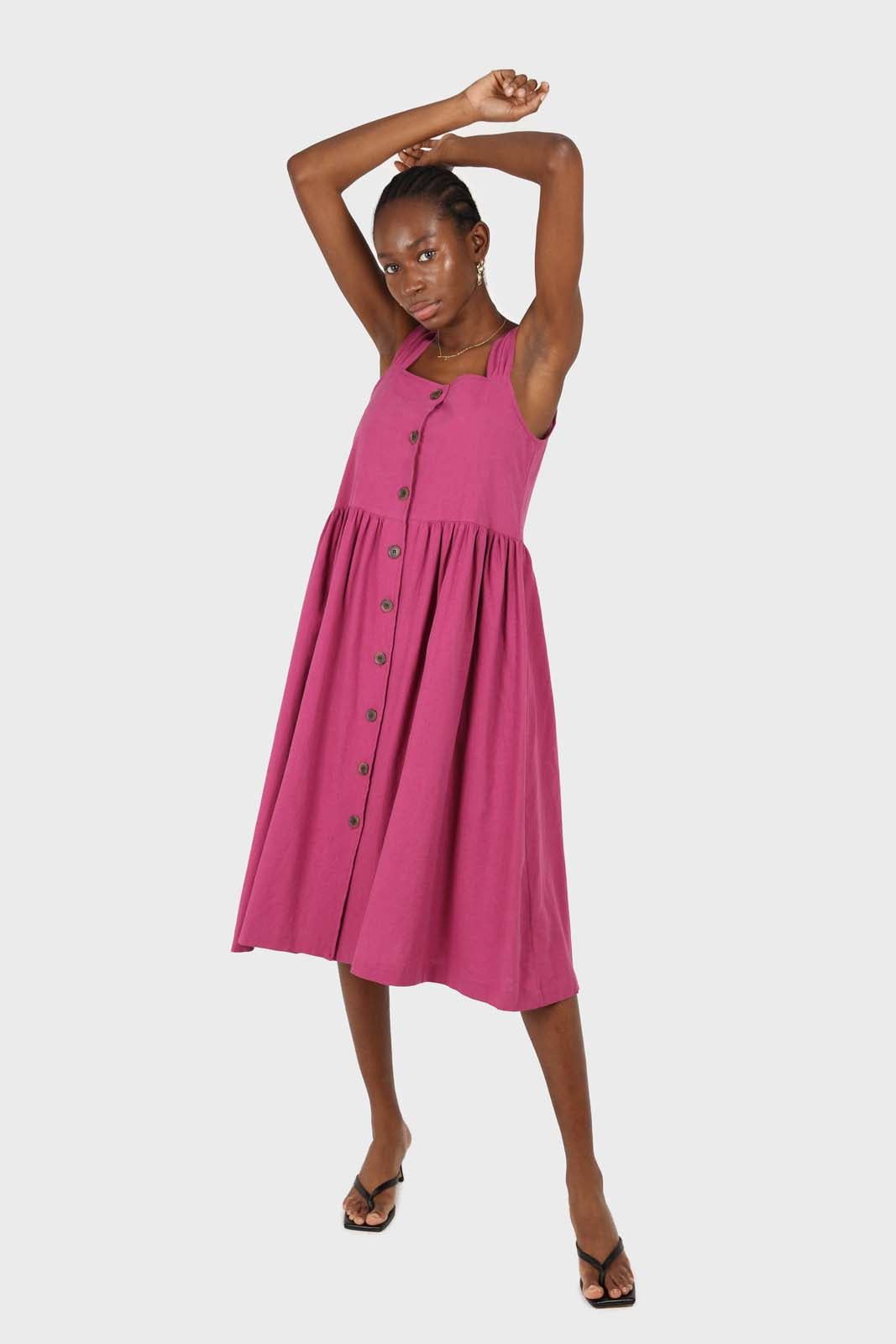 Purple button front thick strap dress_2