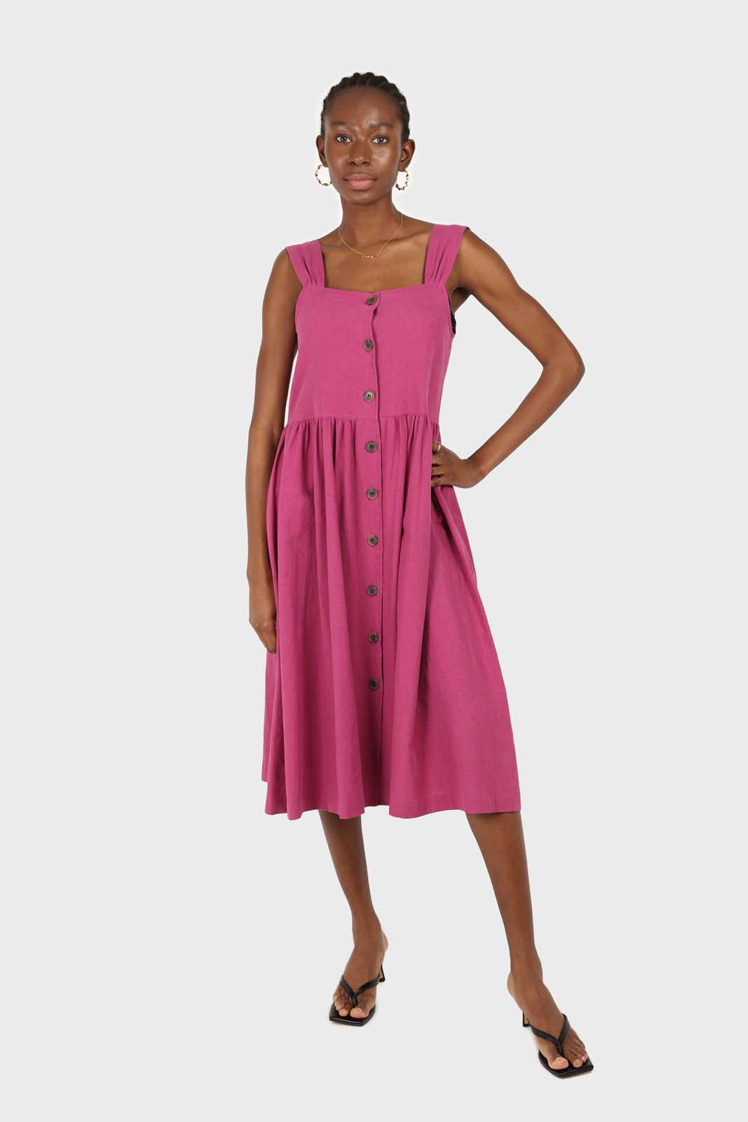 Purple button front thick strap dress_5