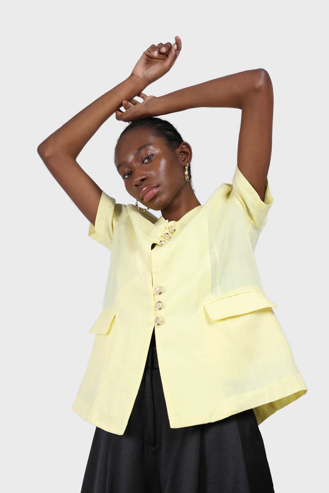 Yellow triple button oversized linen jacket_5