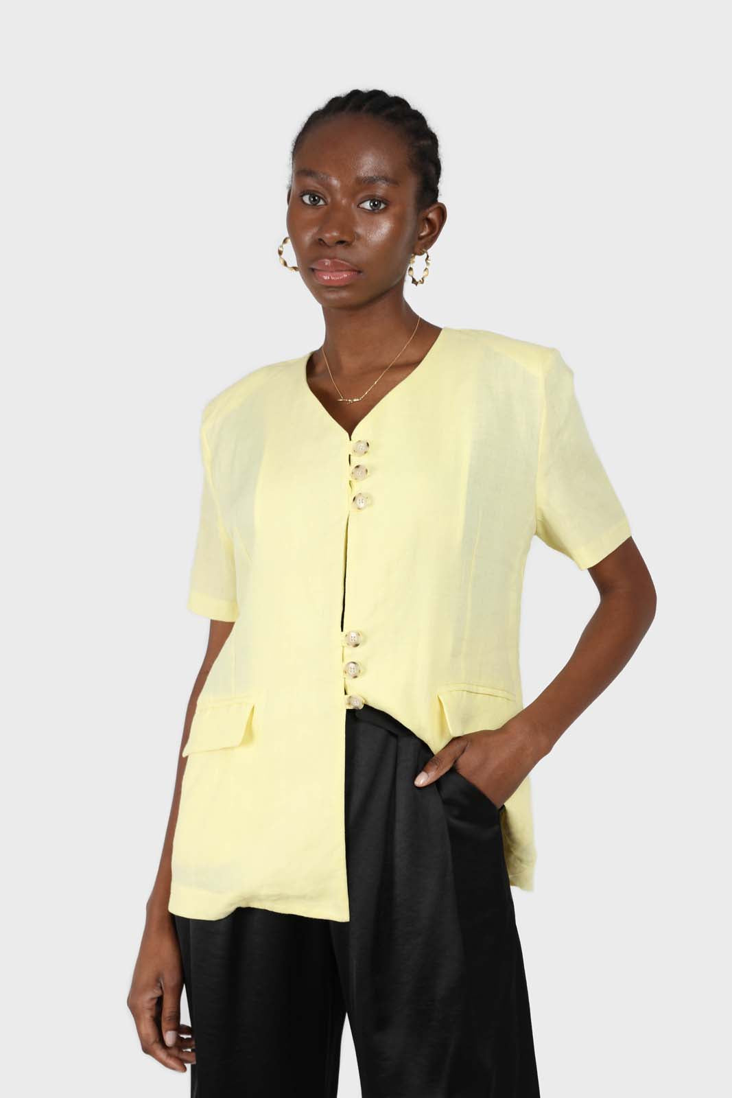 Yellow triple button oversized linen jacket_1