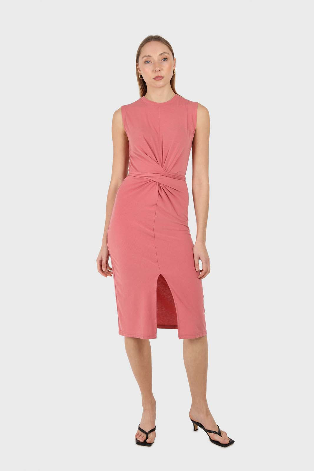 Dusty pink cross front fitted midi dress_1