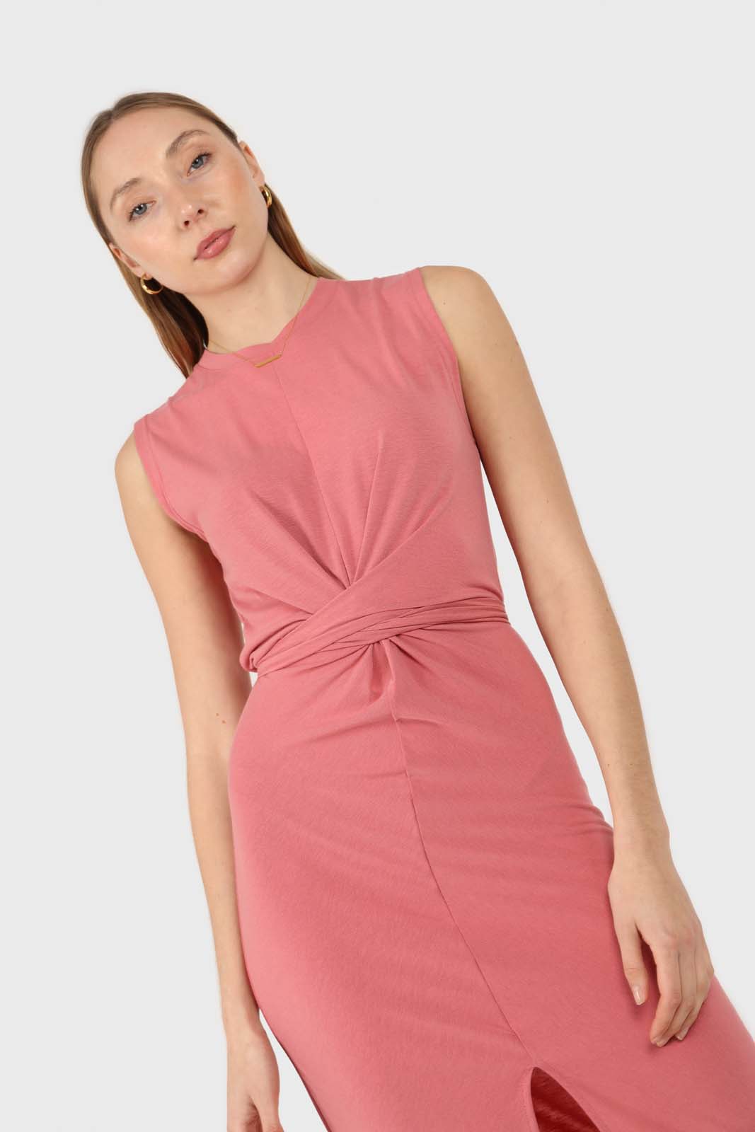 Dusty pink cross front fitted midi dress_3