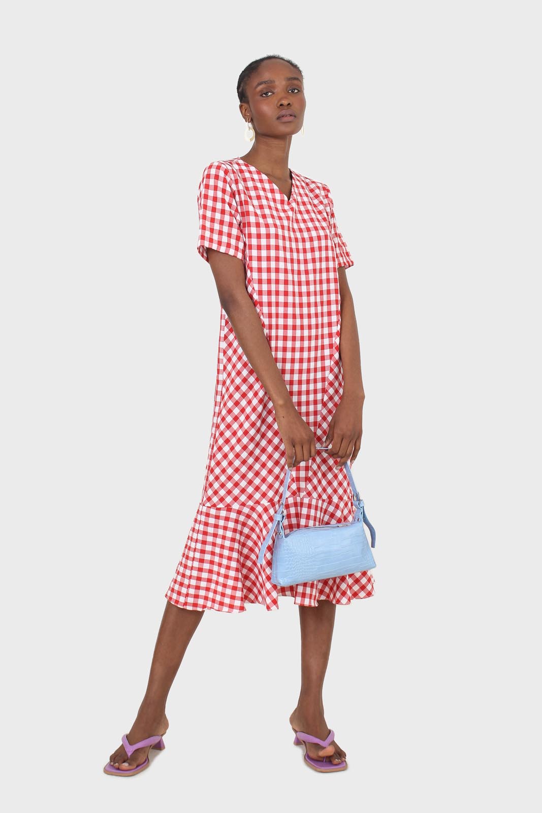 Red gingham V neck tiered ruffle maxi dress_1