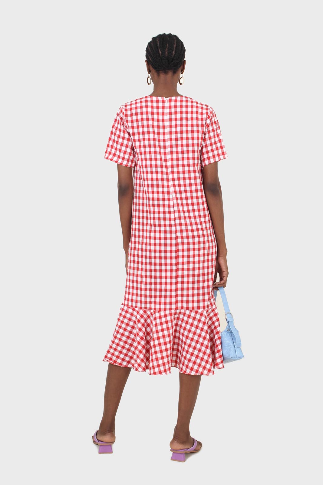 Red gingham V neck tiered ruffle maxi dress_3