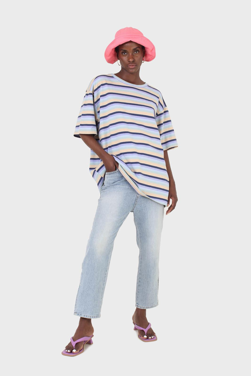 Light blue and beige multi striped oversized tee_3