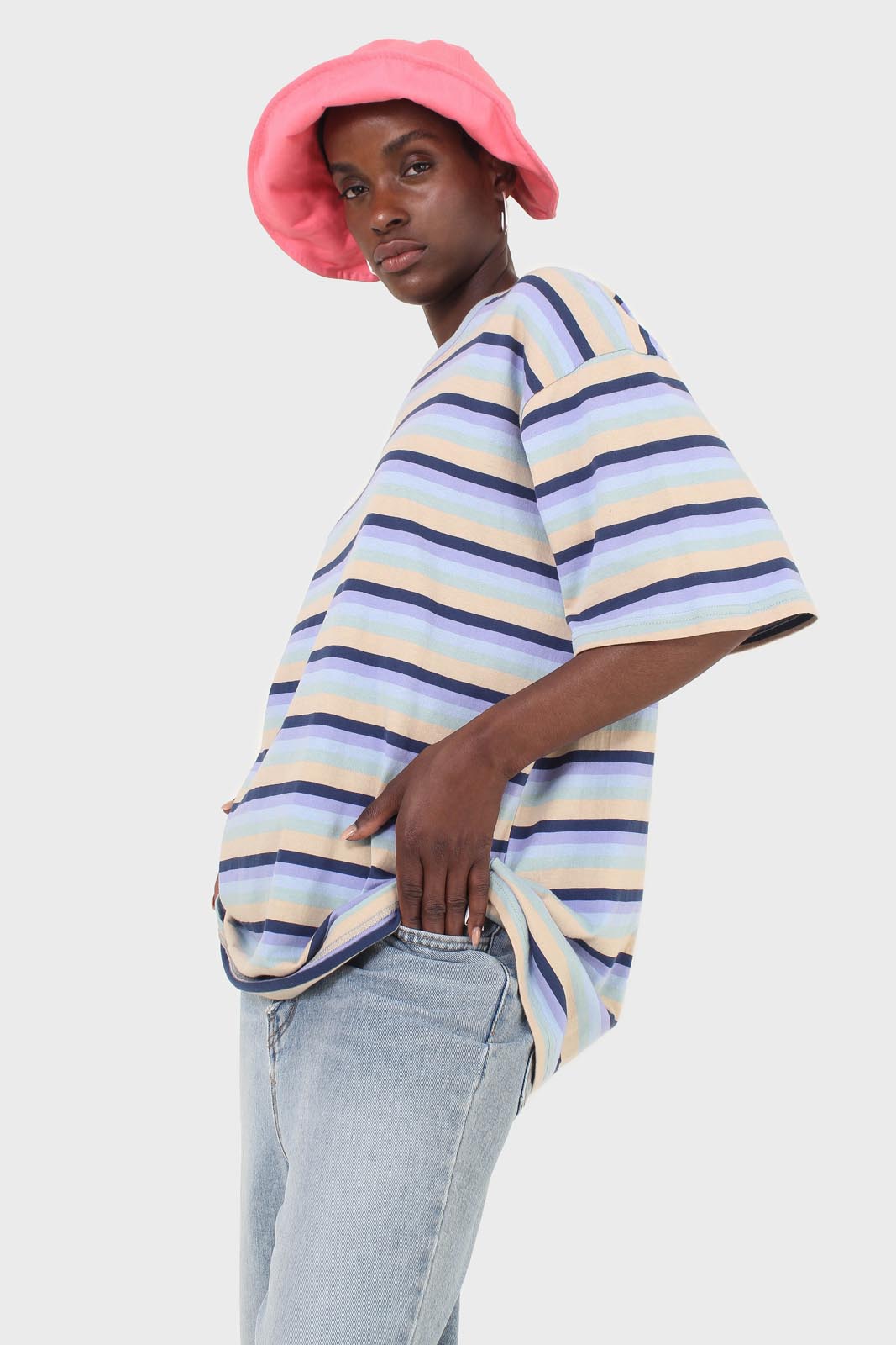 Light blue and beige multi striped oversized tee_5