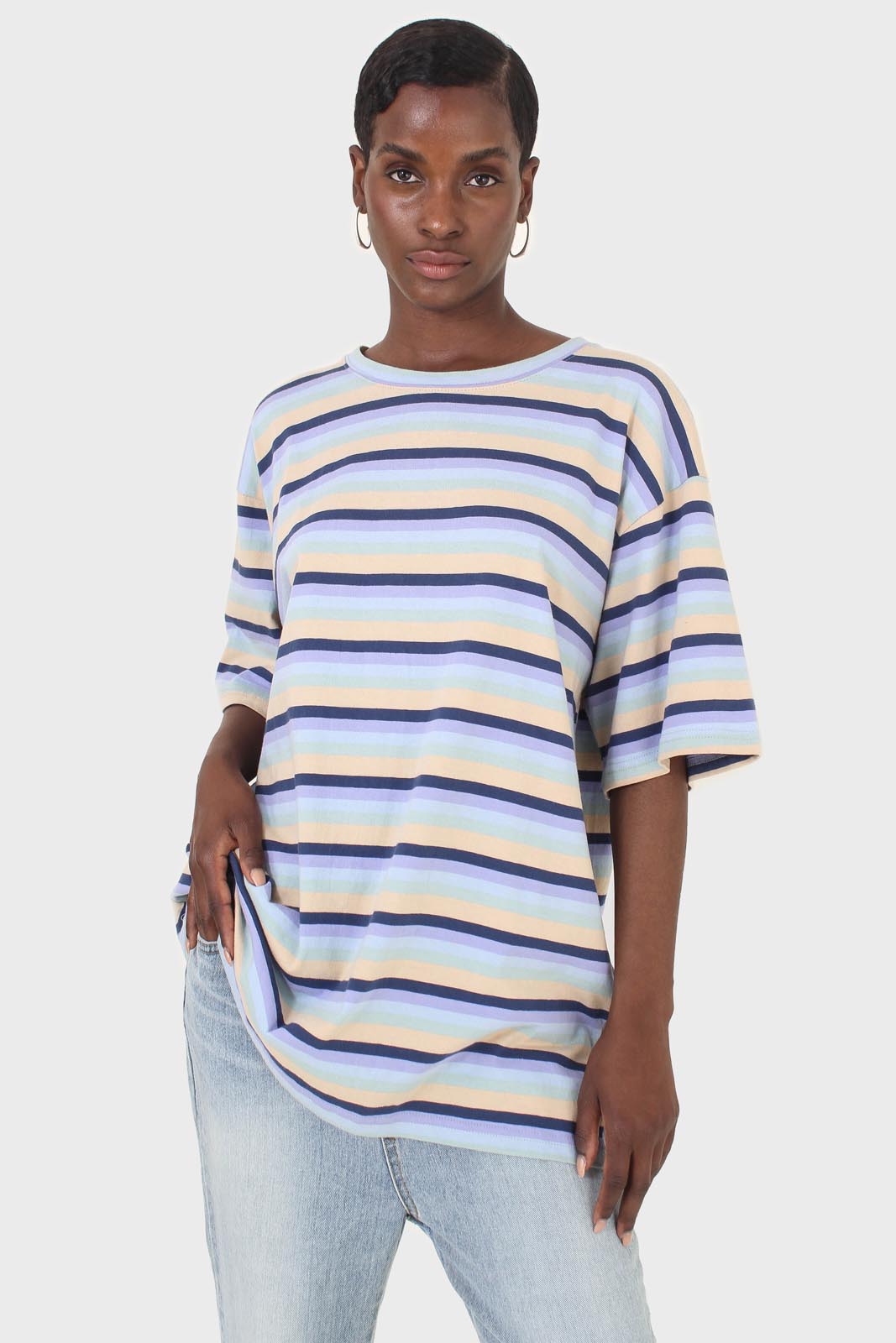 Light blue and beige multi striped oversized tee_6